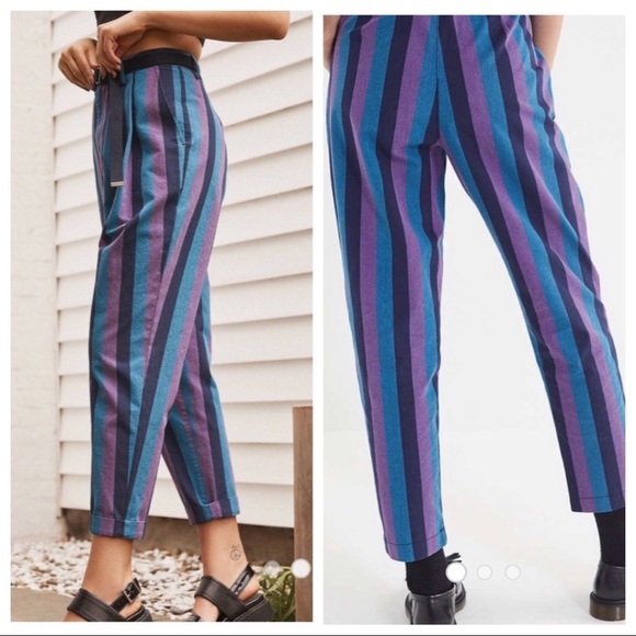Urban Outfitters Pants - Urban Outfitters Striped Blue Purple Pleated Taper Mom Pants Retro Trousers 6